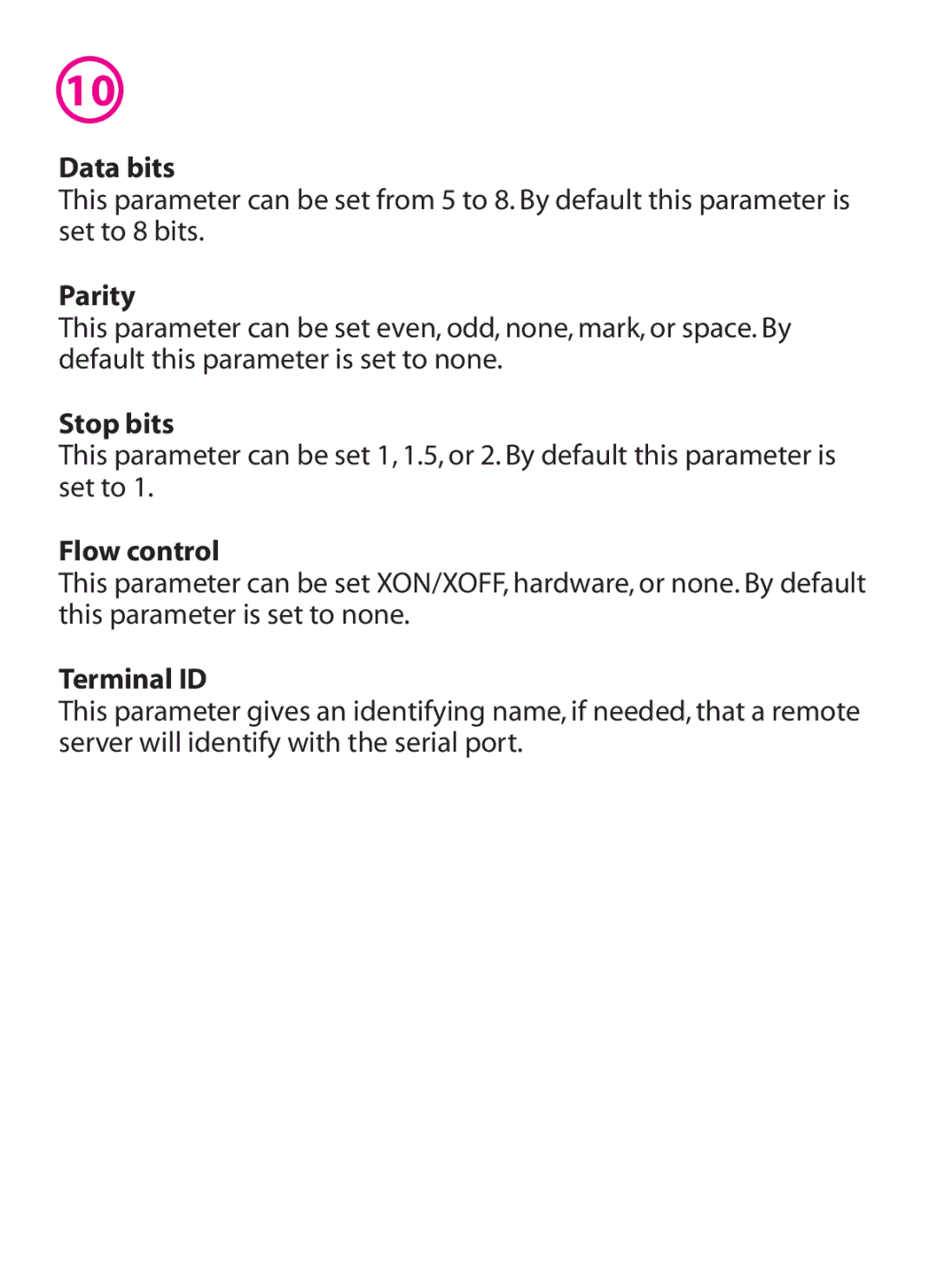 Lava Computer IP/232 manual Data bits, Parity, Stop bits, Flow control, Terminal ID 