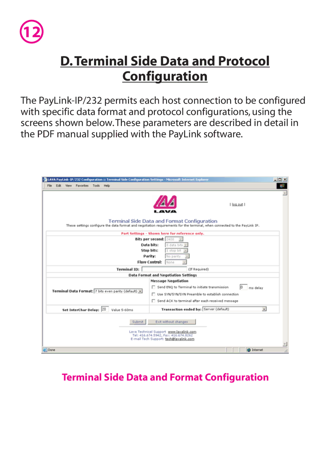 Lava Computer IP/232 manual Terminal Side Data and Protocol Configuration, Terminal Side Data and Format Configuration 