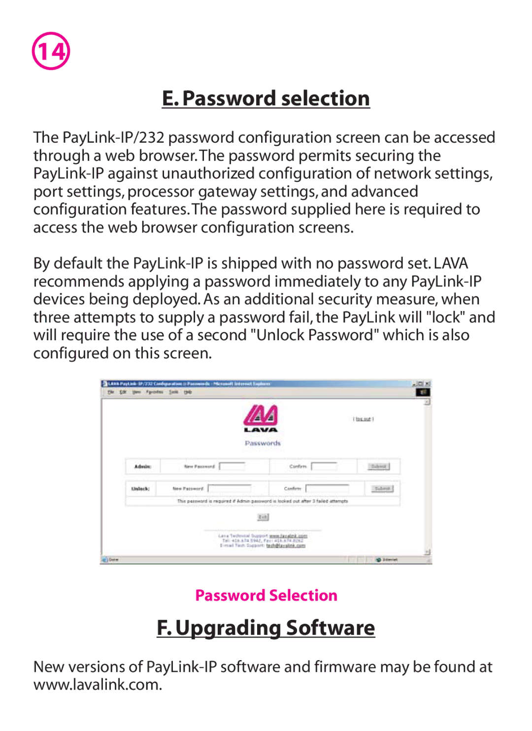 Lava Computer IP/232 manual Password selection, Upgrading Software, Password Selection 
