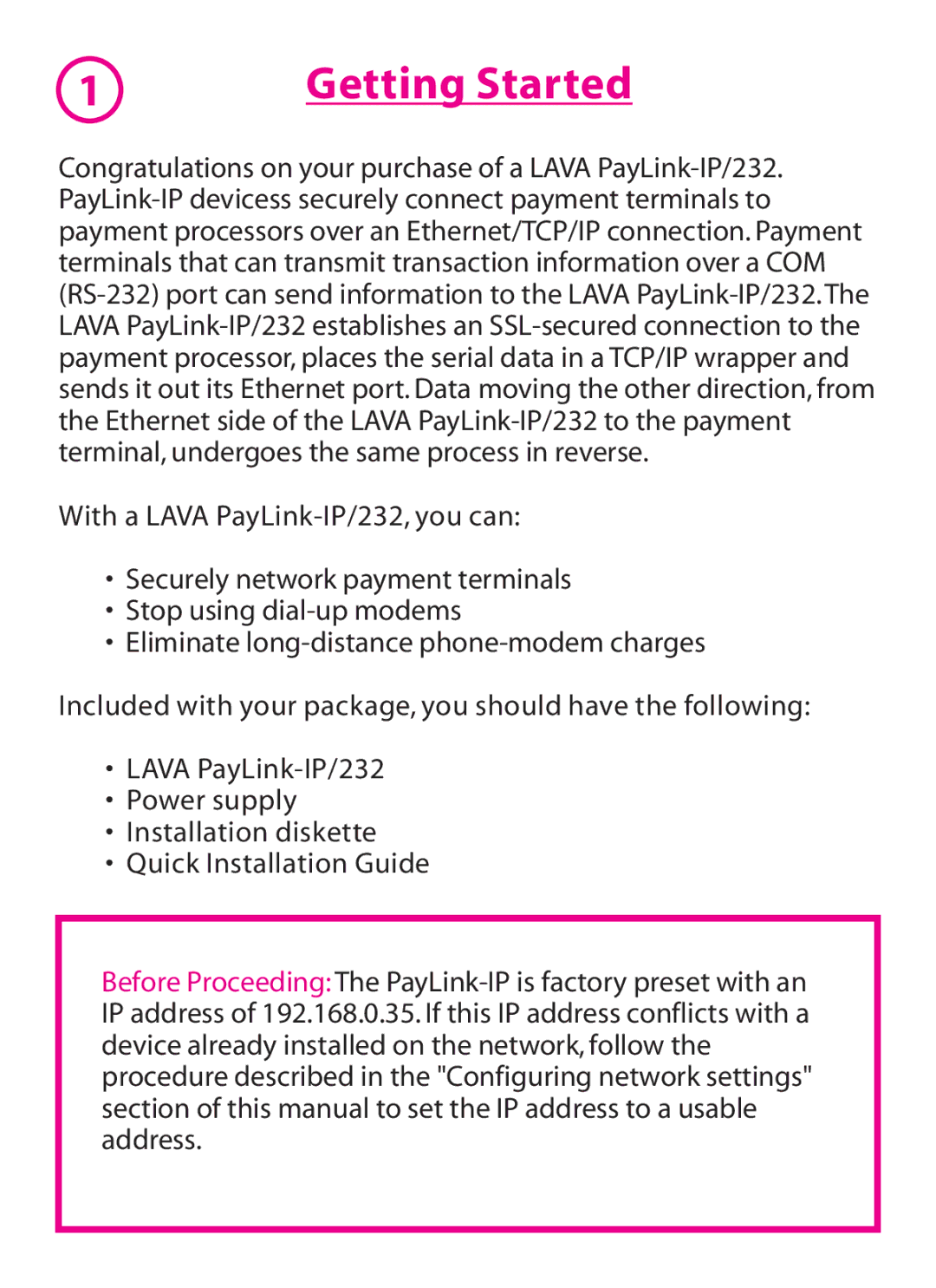 Lava Computer IP/232 manual Getting Started 