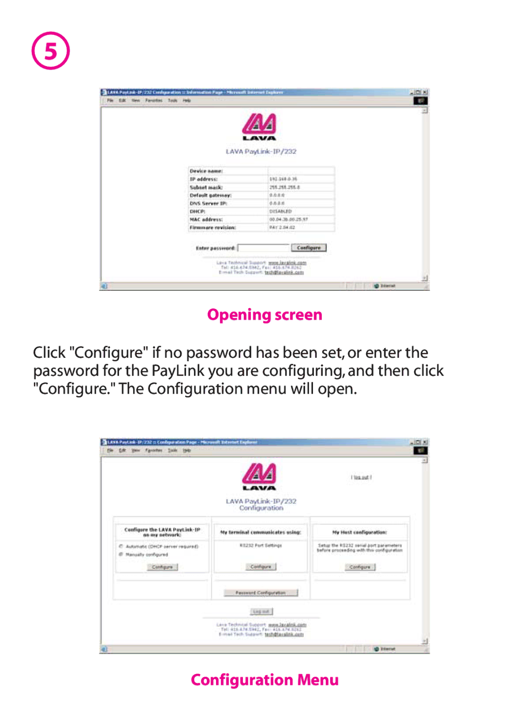 Lava Computer IP/232 manual Opening screen, Configuration Menu 