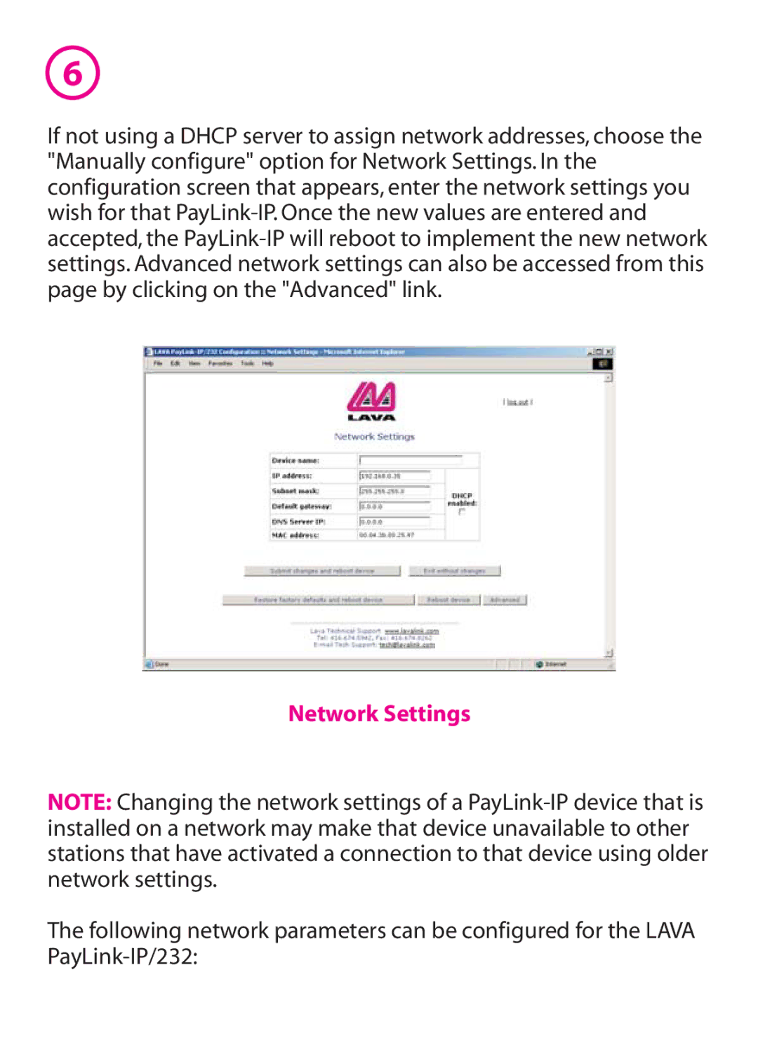 Lava Computer IP/232 manual Network Settings 