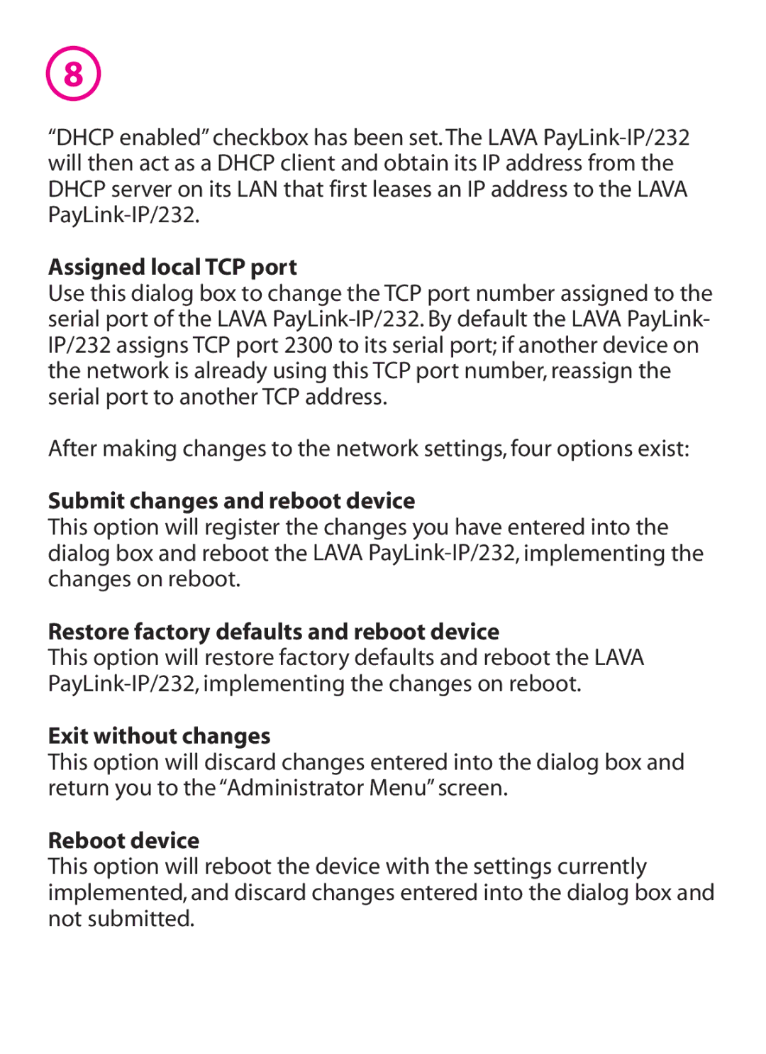 Lava Computer IP/232 Assigned local TCP port, Submit changes and reboot device, Restore factory defaults and reboot device 