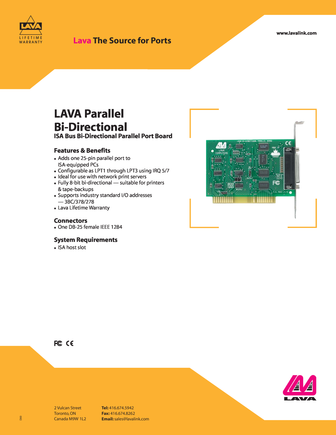 Lava Computer ISA Bus Bi-Directional Parallel Port Board warranty LAVA Parallel Bi-Directional, Lava The Source for Ports 