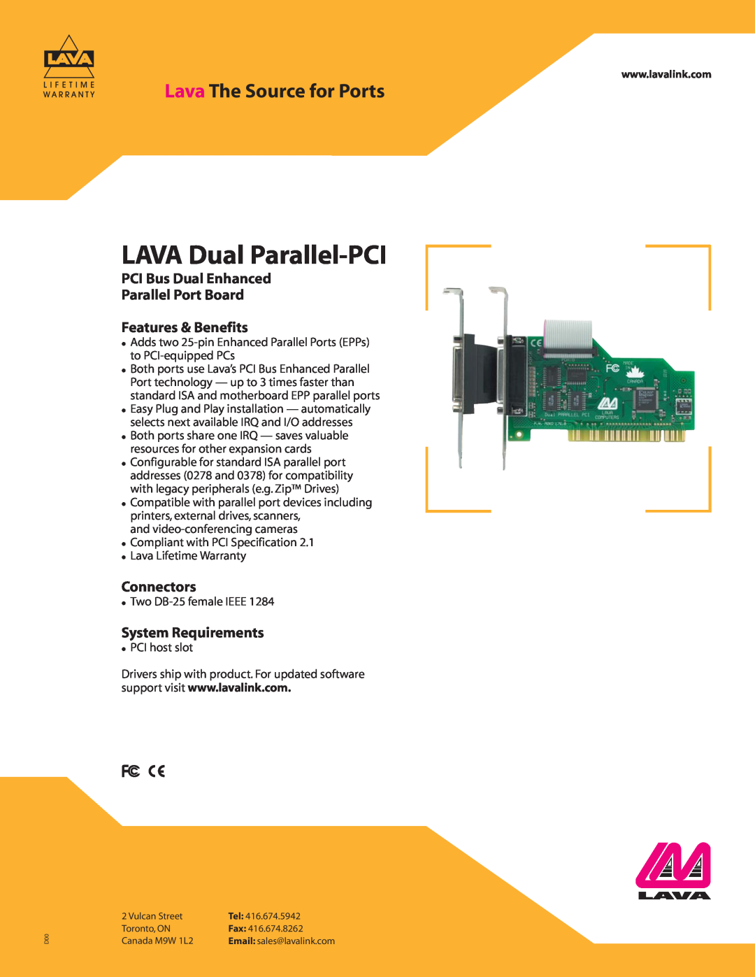 Lava Computer LAVA Dual Parallel-PCI warranty Lava The Source for Ports, Connectors, System Requirements, PCI host slot 