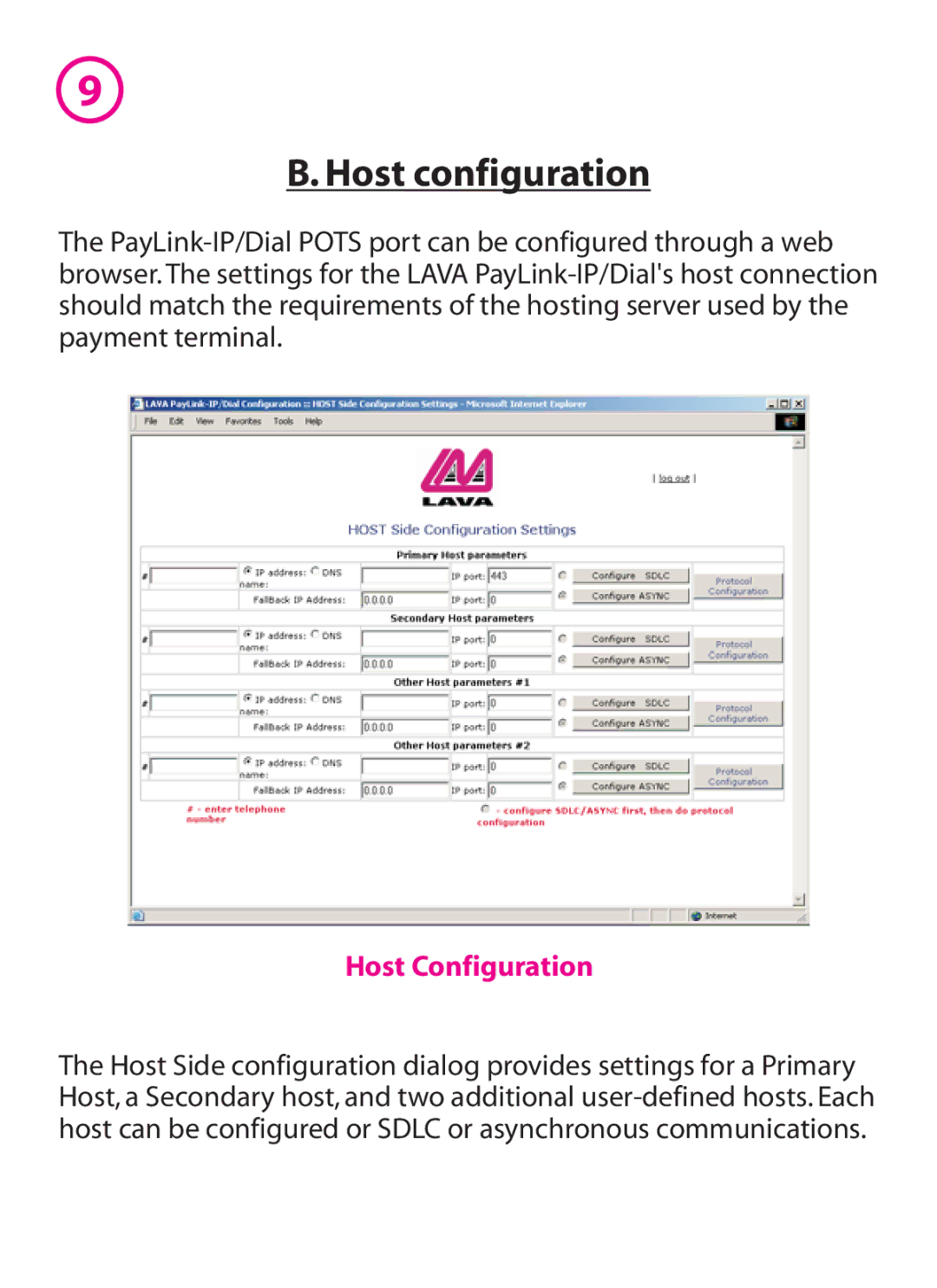 Lava Computer lava paylink-ip/dial, 800 manual Host configuration, Host Configuration 