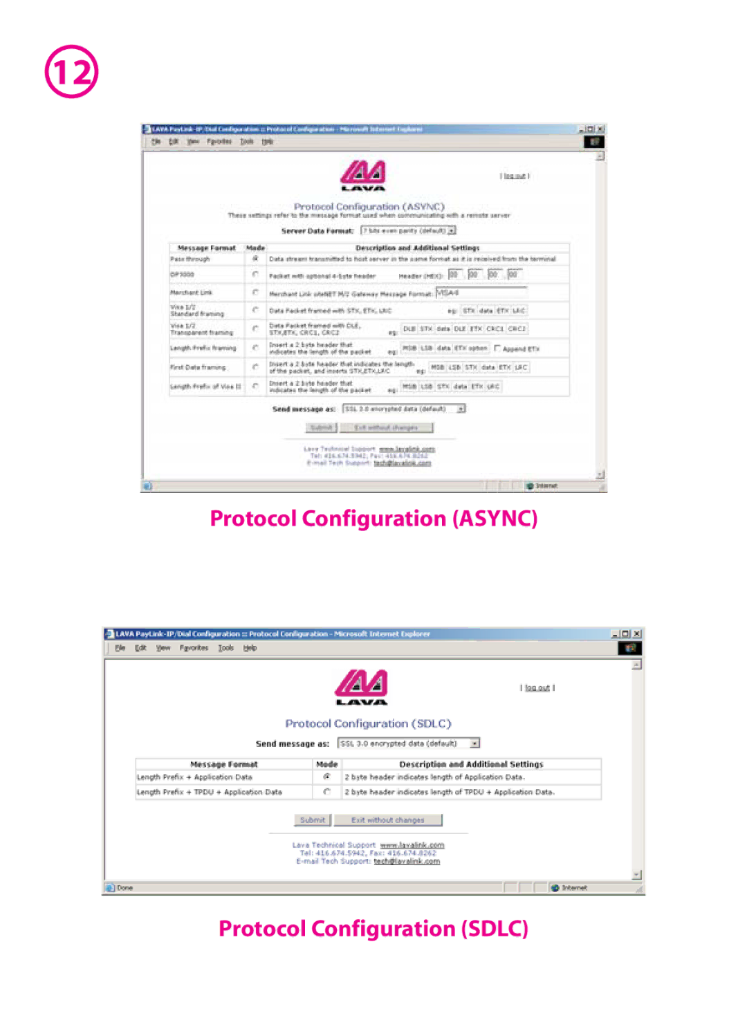 Lava Computer 800, lava paylink-ip/dial manual Protocol Configuration Async Protocol Configuration Sdlc 