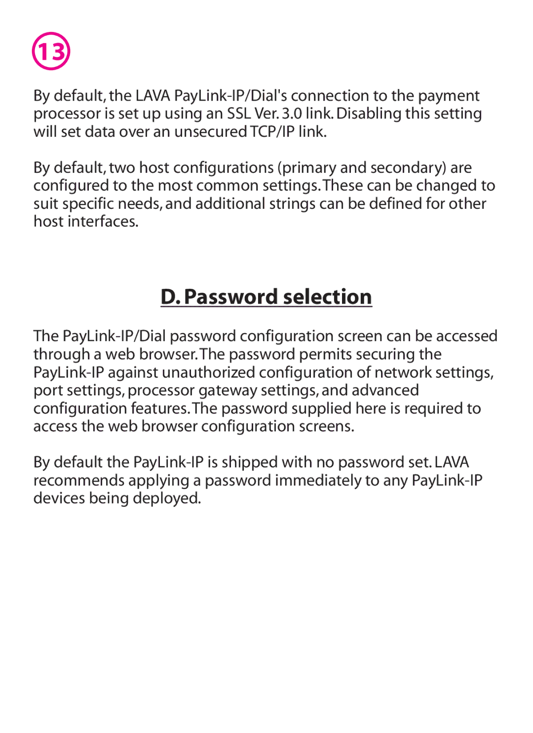 Lava Computer lava paylink-ip/dial, 800 manual Password selection 