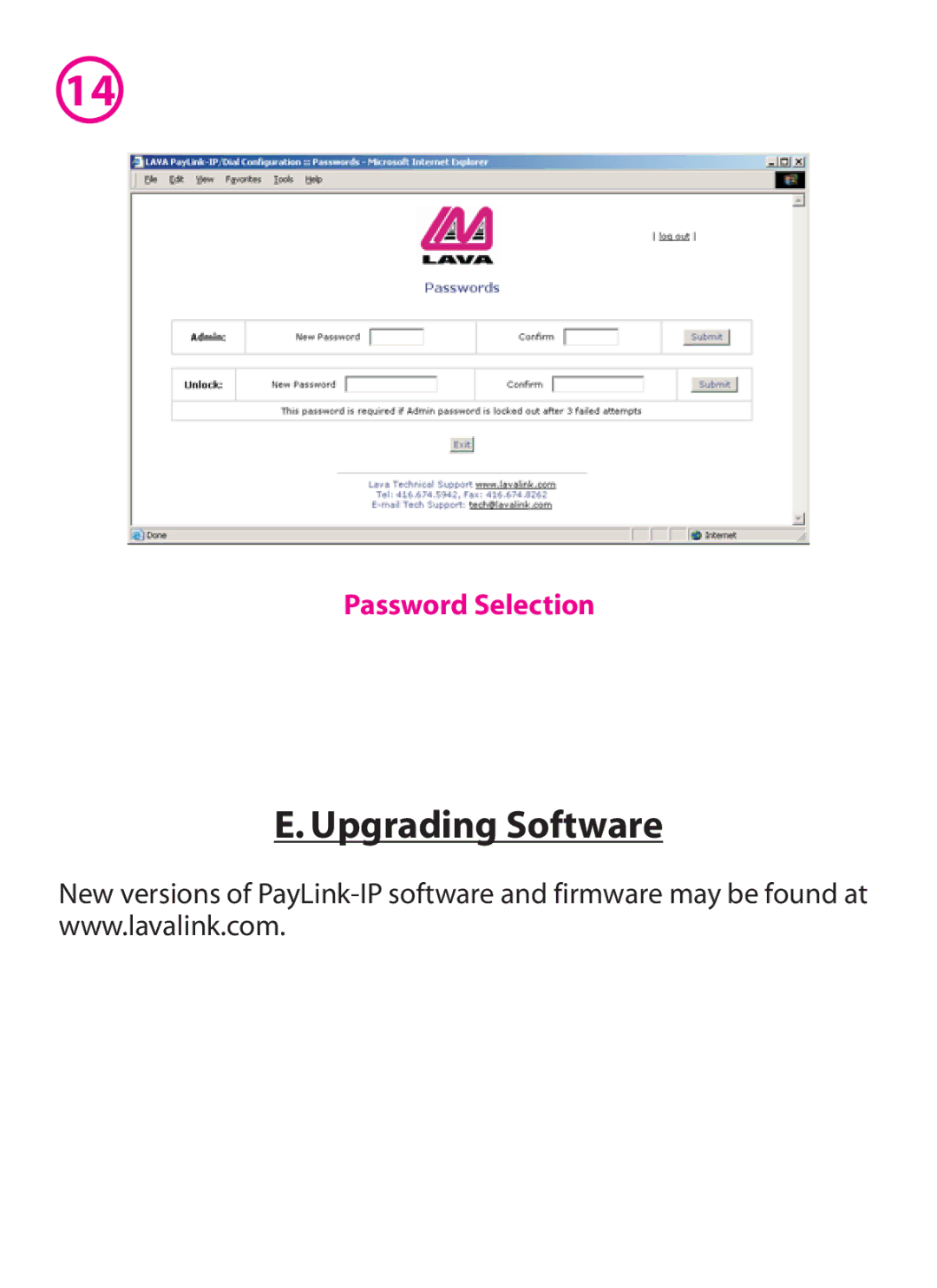 Lava Computer 800, lava paylink-ip/dial manual Upgrading Software, Password Selection 