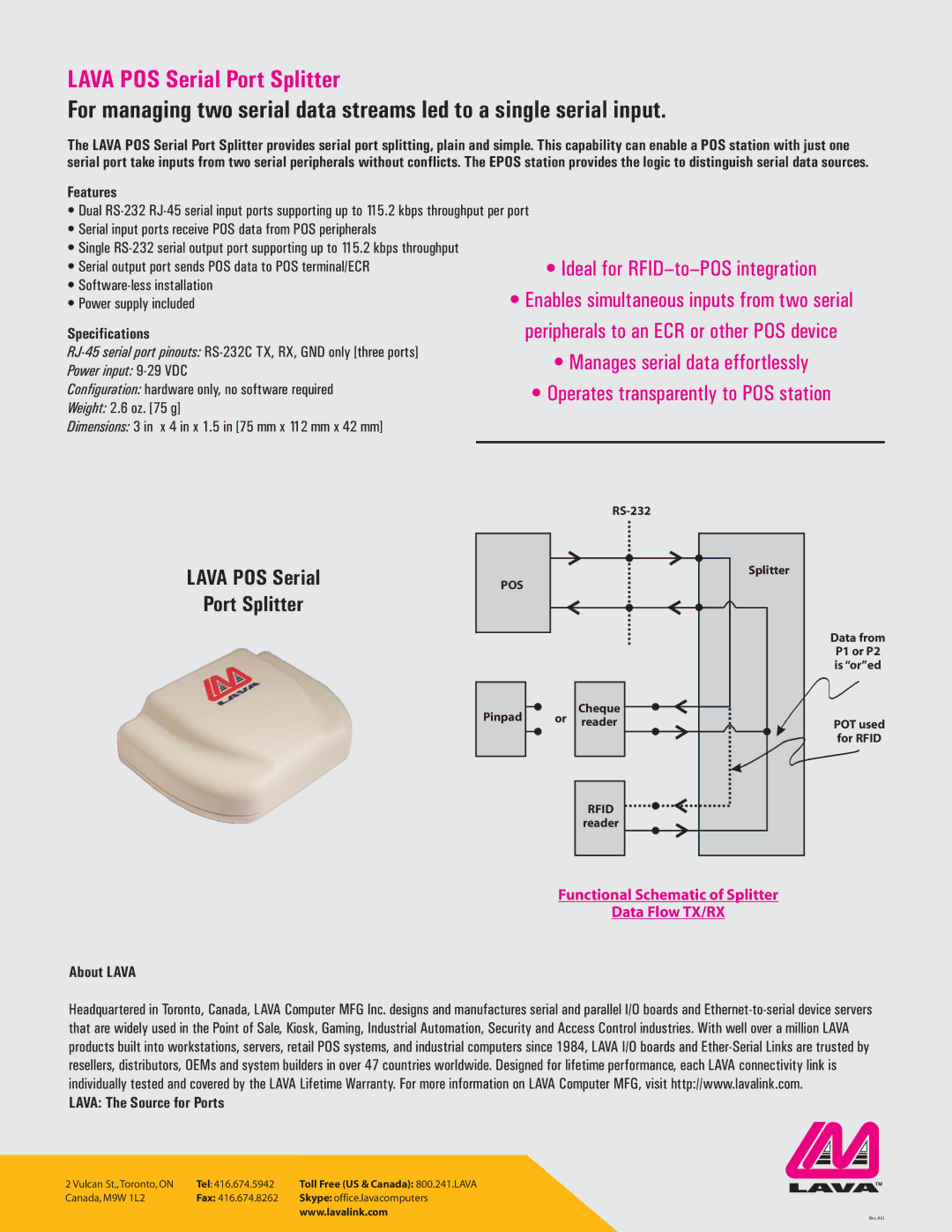 Lava Computer LAVA POS manual Features, Specifications, About Lava Lava The Source for Ports 