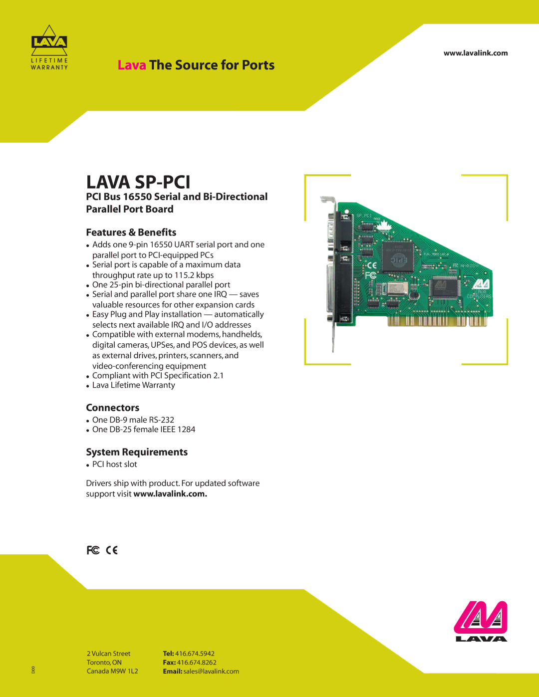 Lava Computer LAVA SP-PCI warranty Lava SP-PCI, Connectors, System Requirements 