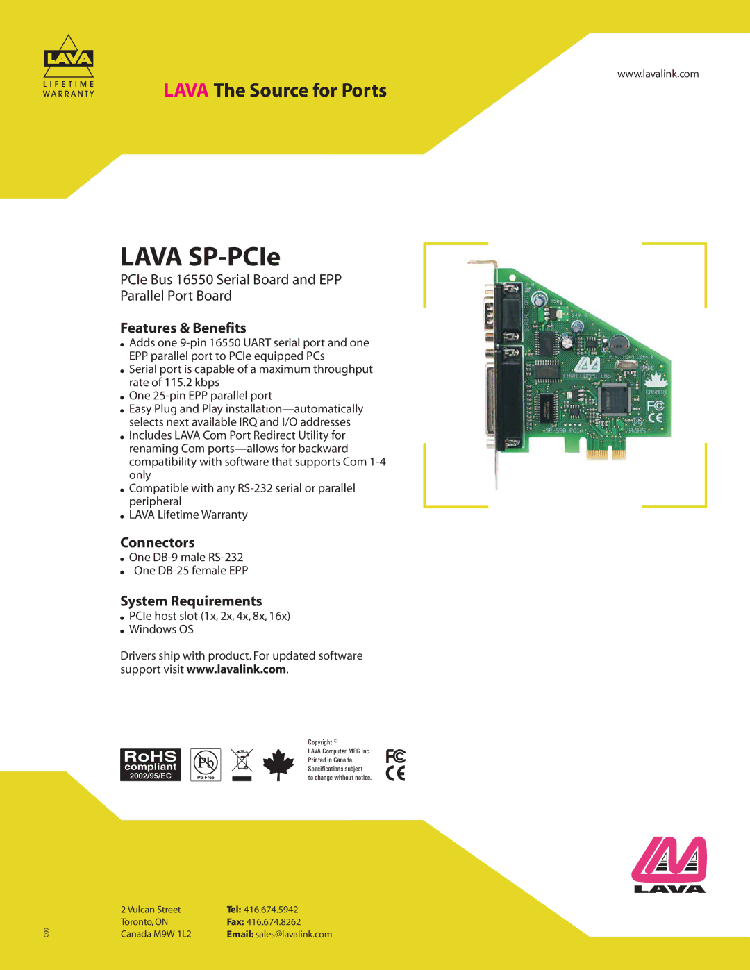 Lava Computer LAVA SP-PCIe warranty Lava SP-PCIe, Features & Benefits, Connectors, System Requirements 