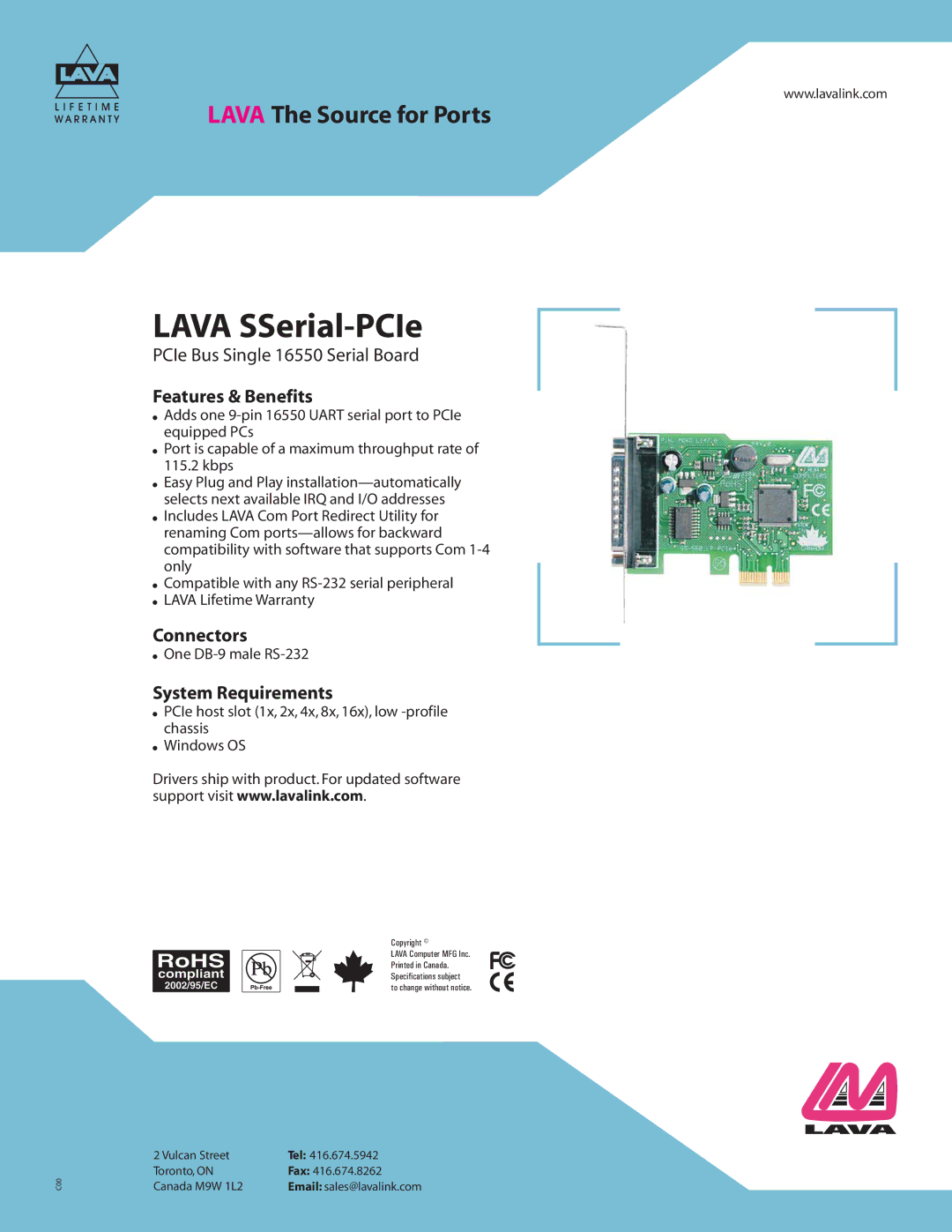 Lava Computer LAVA SSerial-PCIe warranty Lava SSerial-PCIe, Features & Benefits, Connectors, System Requirements 