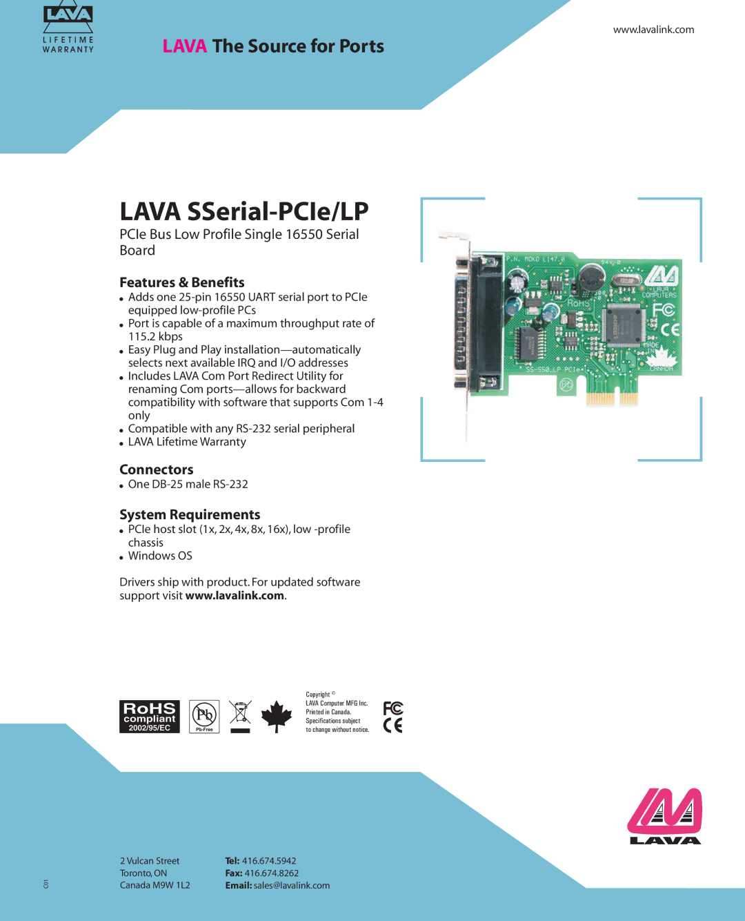 Lava Computer LAVA SSerial-PCIe/LP warranty Lava SSerial-PCIe/LP, Features & Benefits, Connectors, System Requirements 