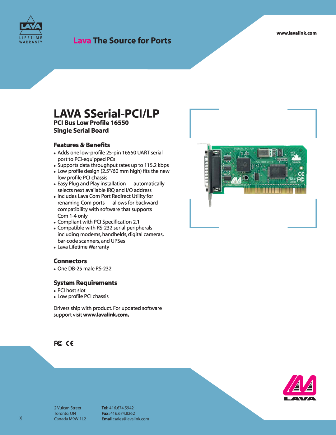 Lava Computer LAVA SSerial-PCI/LP warranty Lava The Source for Ports, Connectors, System Requirements 