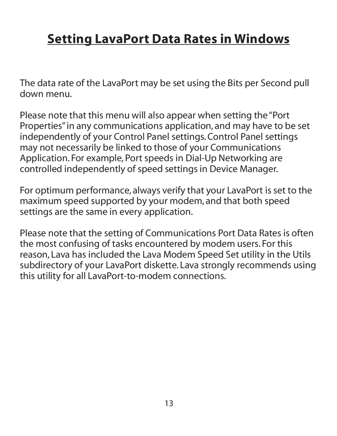 Lava Computer MOKO L75.2, LavaPort-Quad installation manual Setting LavaPort Data Rates in Windows 