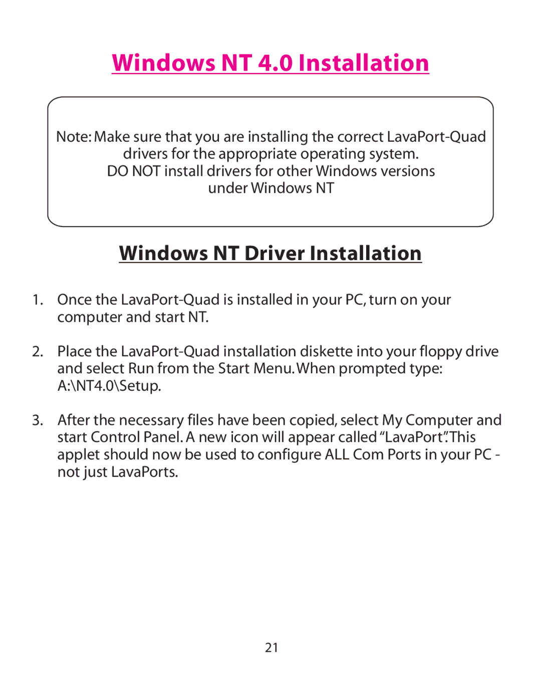 Lava Computer MOKO L75.2, LavaPort-Quad installation manual Windows NT 4.0 Installation, Windows NT Driver Installation 