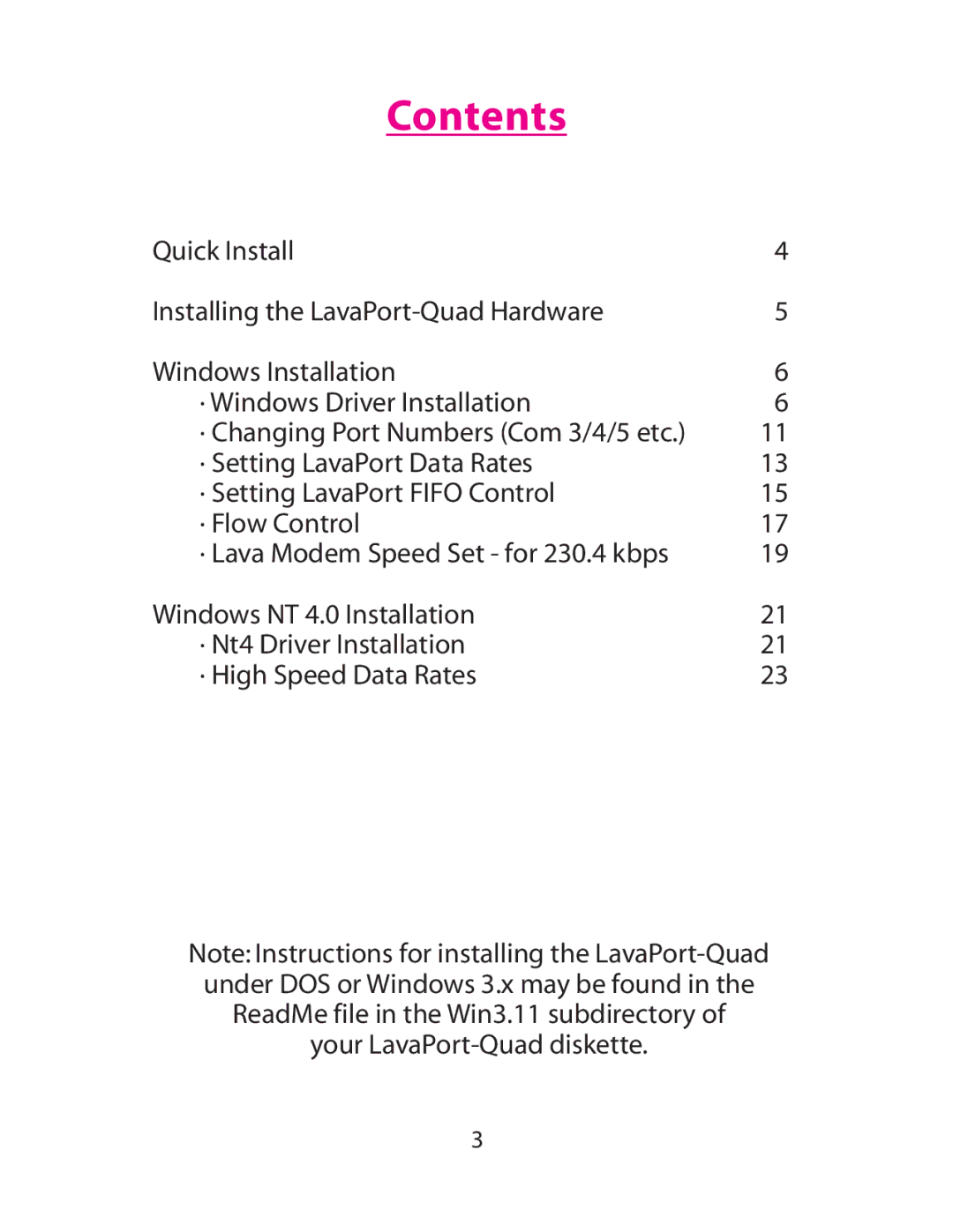 Lava Computer MOKO L75.2, LavaPort-Quad installation manual Contents 