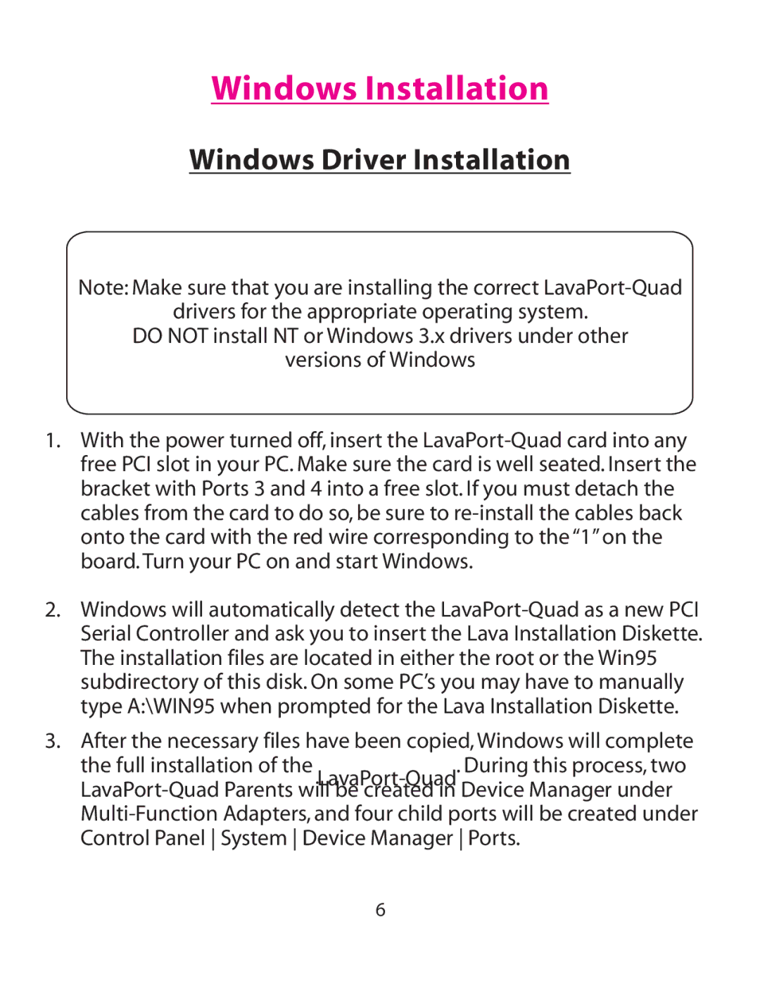 Lava Computer LavaPort-Quad, MOKO L75.2 installation manual Windows Installation, Windows Driver Installation 