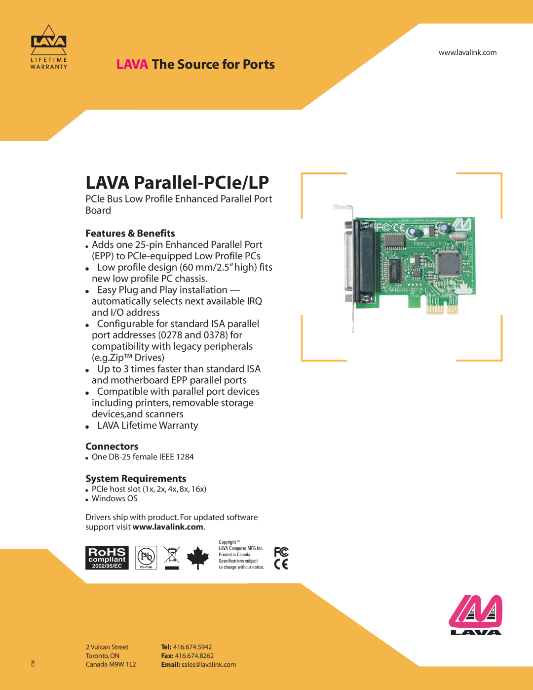 Lava Computer warranty Lava Parallel-PCIe/LP, Features & Benefits, Connectors, System Requirements 