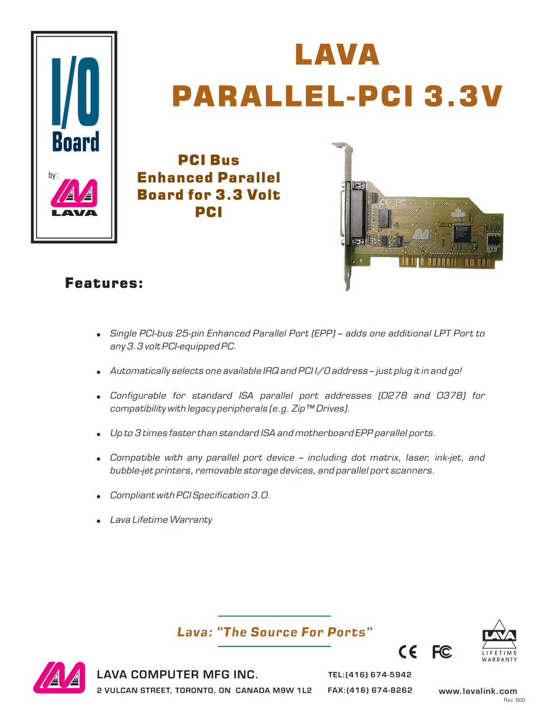 Lava Computer PCI Bus Enhanced Parallel Board warranty Lava PARALLEL-PCI, Pci, Features, Lava The Source For Ports 