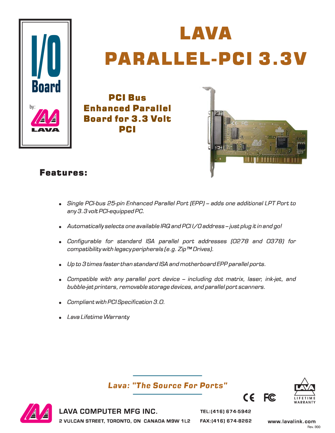 Lava Computer warranty Lava Parallel-Pci, PCI Bus Enhanced Parallel Board for 3.3 Volt PCI, Features 