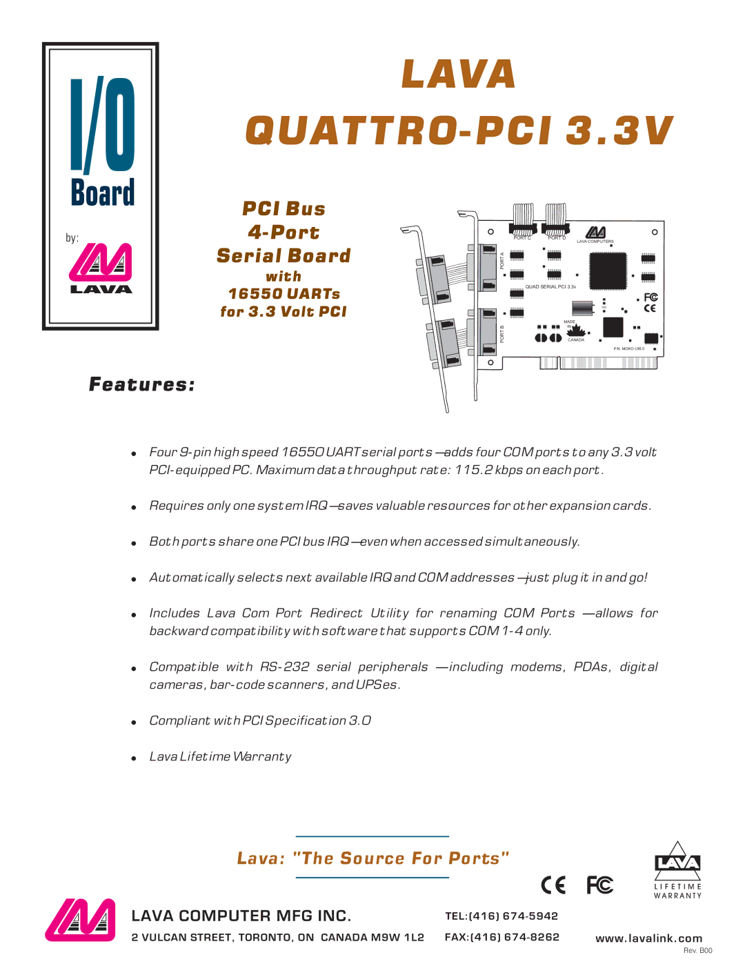 Lava Computer QUATTRO-PCI 3.3V warranty Lava QUATTRO-PCI, PCI Bus Port, Serial Board, Features 