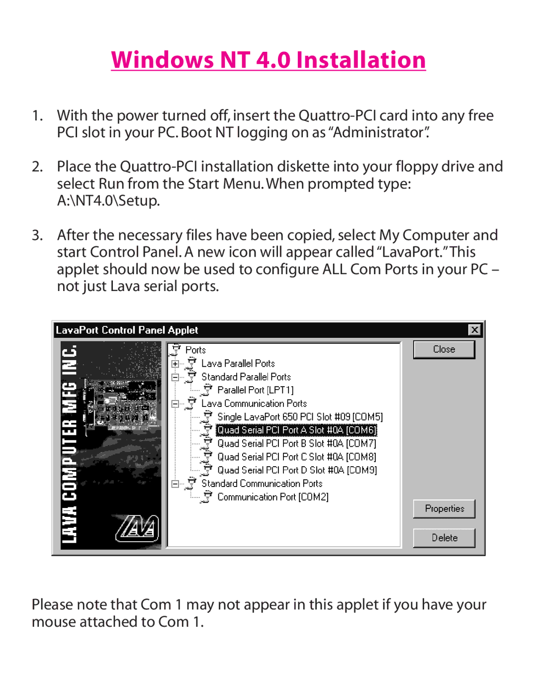 Lava Computer QUATTRO-PCI installation manual Windows NT 4.0 Installation 