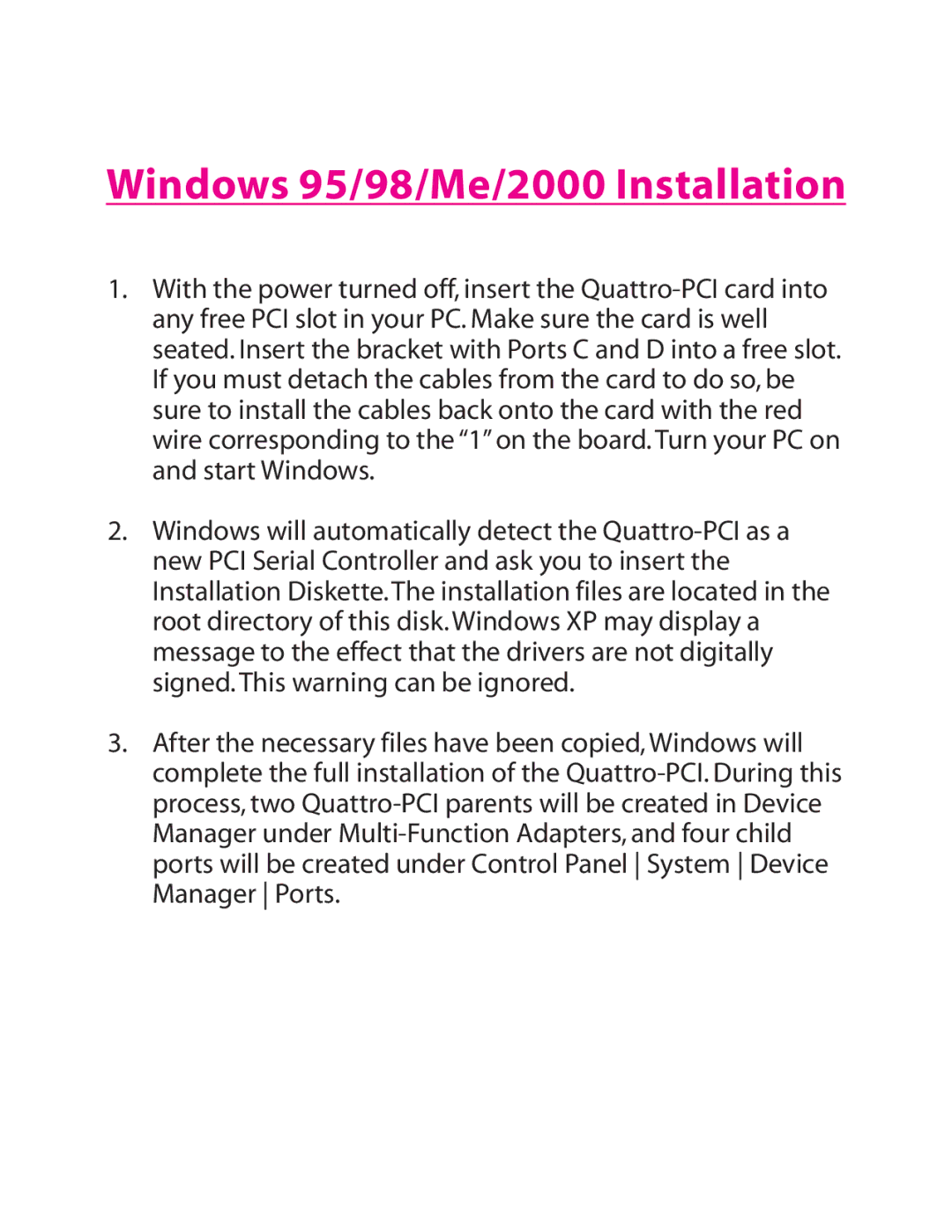 Lava Computer QUATTRO-PCI installation manual Windows 95/98/Me/2000 Installation 