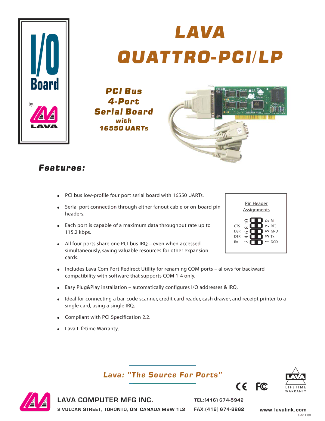 Lava Computer Quattro-PCI/LP warranty Lava, Quattro-Pci/Lp, Board 