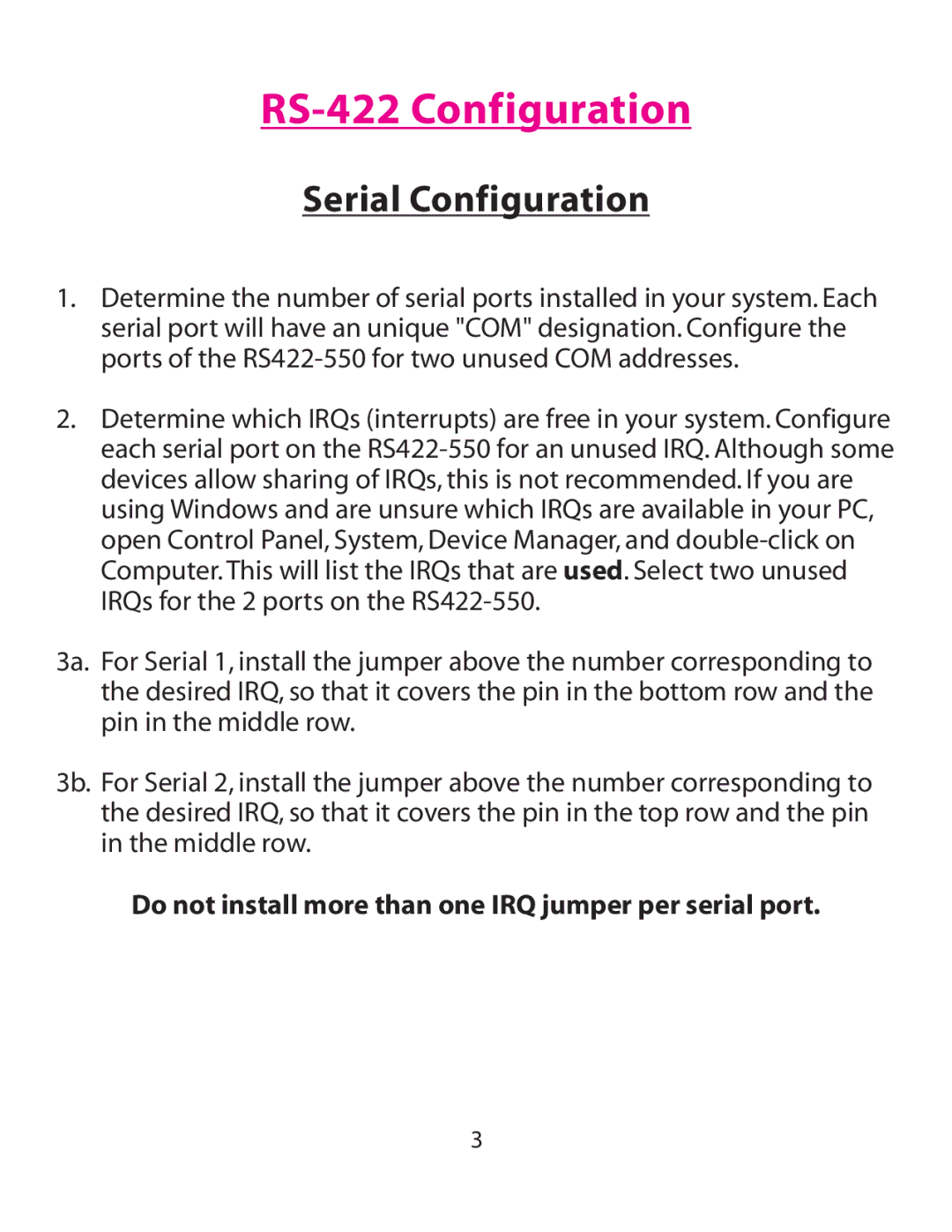 Lava Computer RS550 installation manual RS-422 Configuration, Serial Configuration 