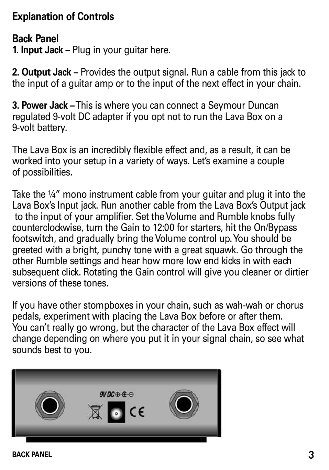 Lava Computer SFX-05 manual Explanation of Controls Back Panel, Input Jack Plug in your guitar here 