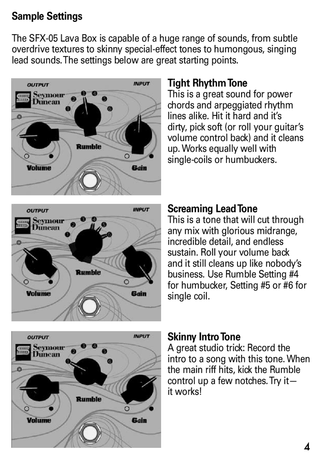 Lava Computer SFX-05 manual Sample Settings, Tight RhythmTone, Screaming LeadTone, Skinny IntroTone 