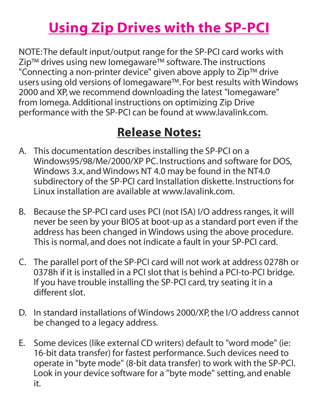 Lava Computer installation manual Using Zip Drives with the SP-PCI, Release Notes 