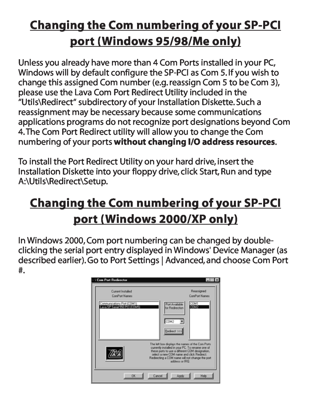 Lava Computer installation manual Changing the Com numbering of your SP-PCI port Windows 95/98/Me only 