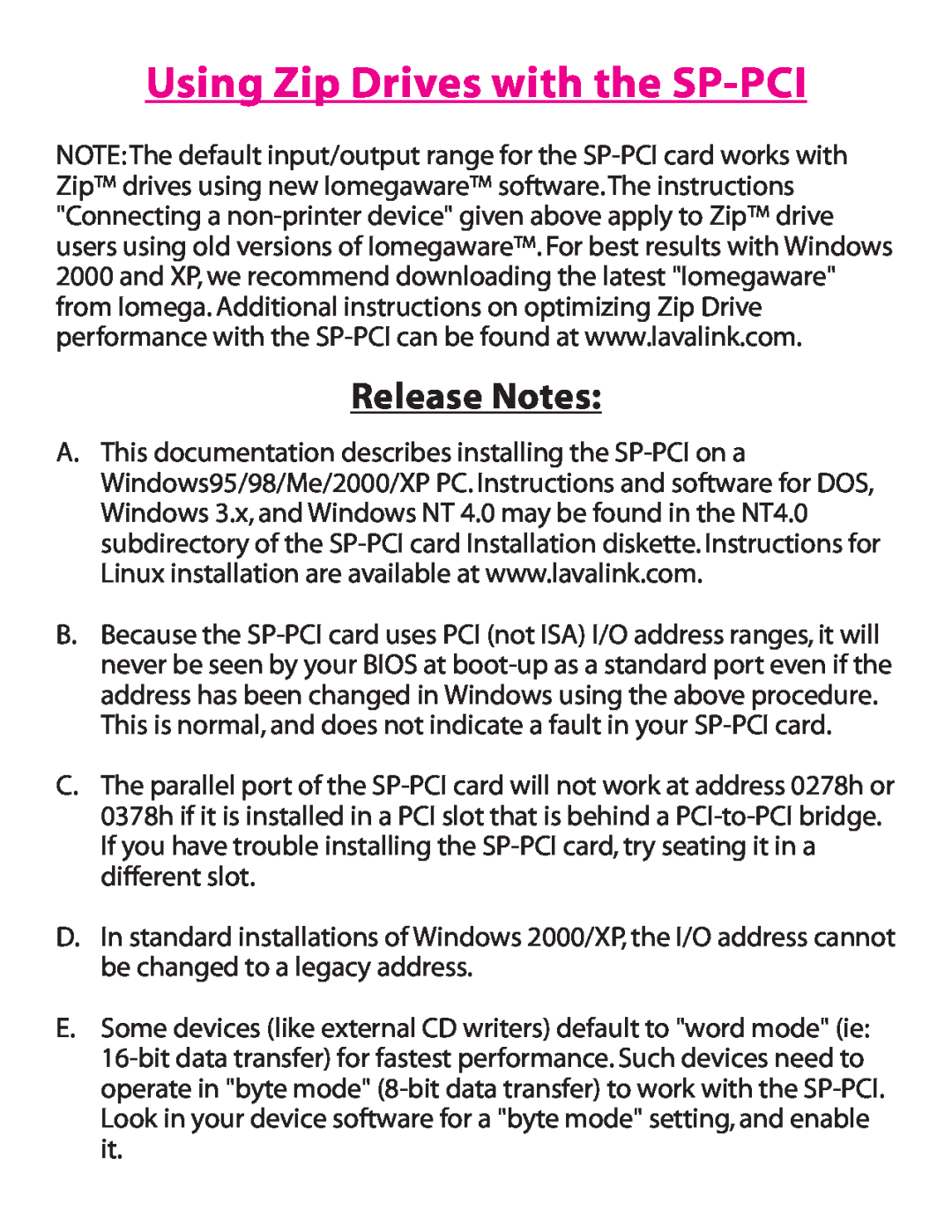 Lava Computer installation manual Using Zip Drives with the SP-PCI, Release Notes 