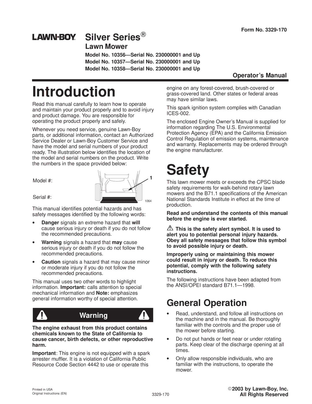 Lawn-Boy 10356, 10357, 10358 manual Introduction, Safety, Silver Series, General Operation 