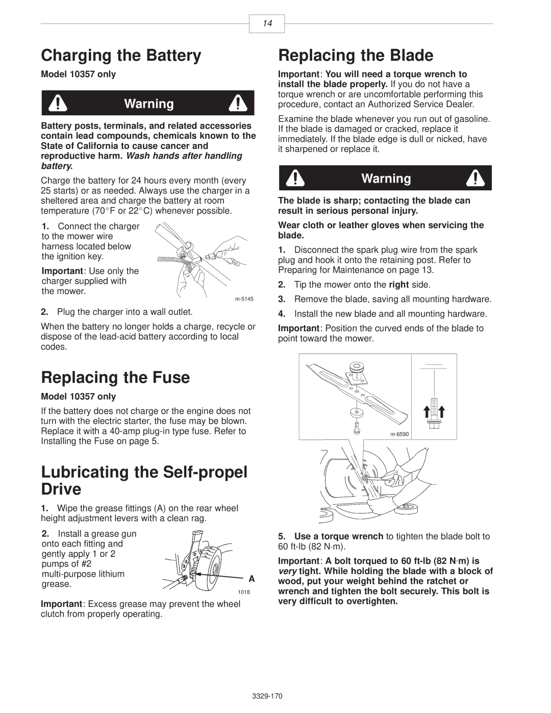 Lawn-Boy 10356, 10357, 10358 manual Replacing the Blade, Replacing the Fuse, Lubricating the Self-propel Drive 