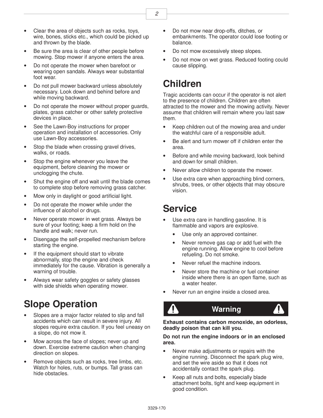 Lawn-Boy 10356, 10357, 10358 manual Children, Service, Slope Operation 