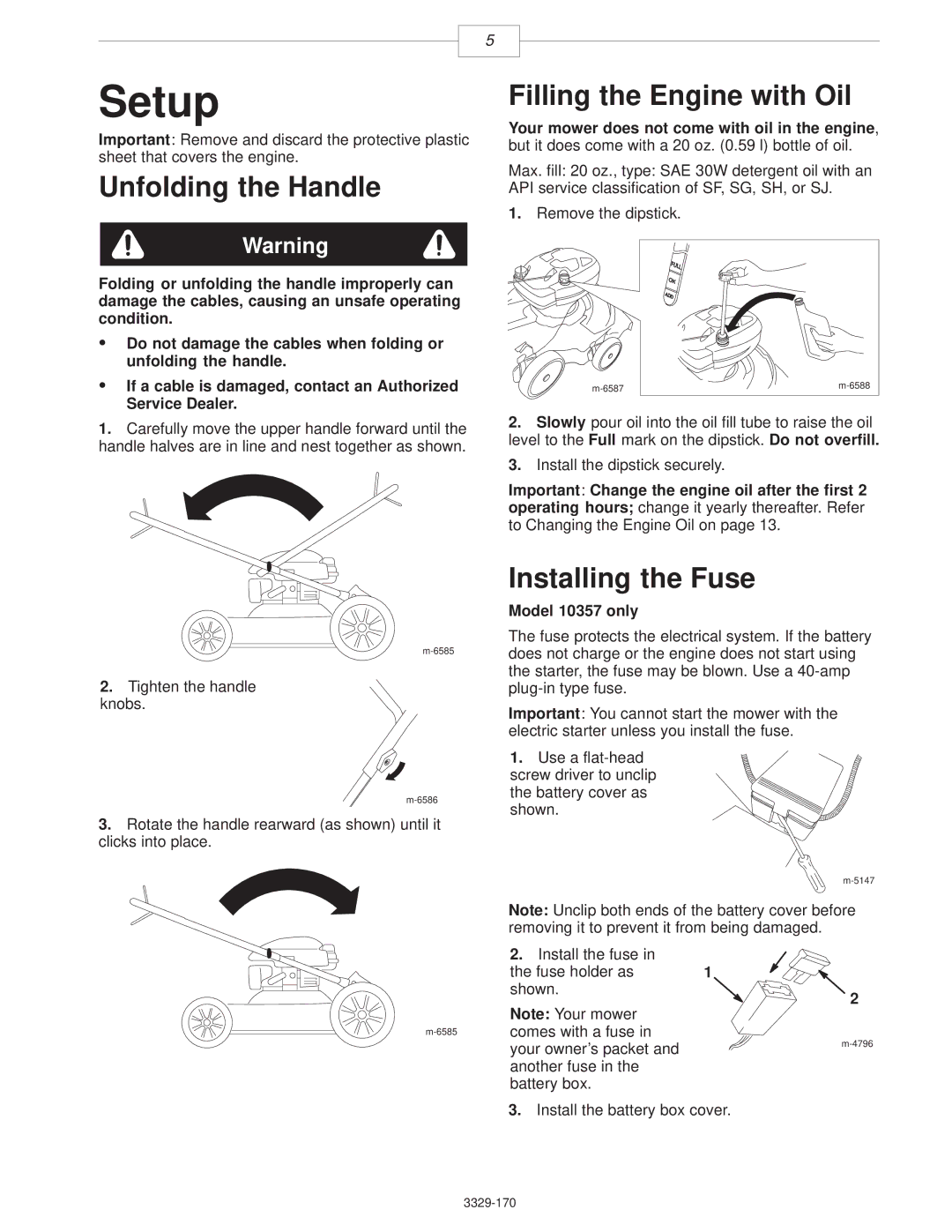 Lawn-Boy 10356, 10357, 10358 manual Setup, Filling the Engine with Oil, Unfolding the Handle, Installing the Fuse 