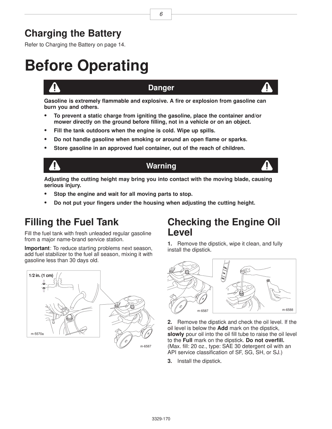 Lawn-Boy 10356, 10357, 10358 Before Operating, Charging the Battery, Filling the Fuel Tank, Checking the Engine Oil Level 