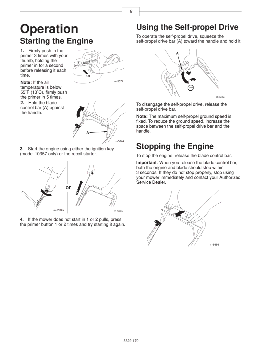 Lawn-Boy 10356, 10357, 10358 manual Operation, Starting the Engine, Using the Self-propel Drive, Stopping the Engine 