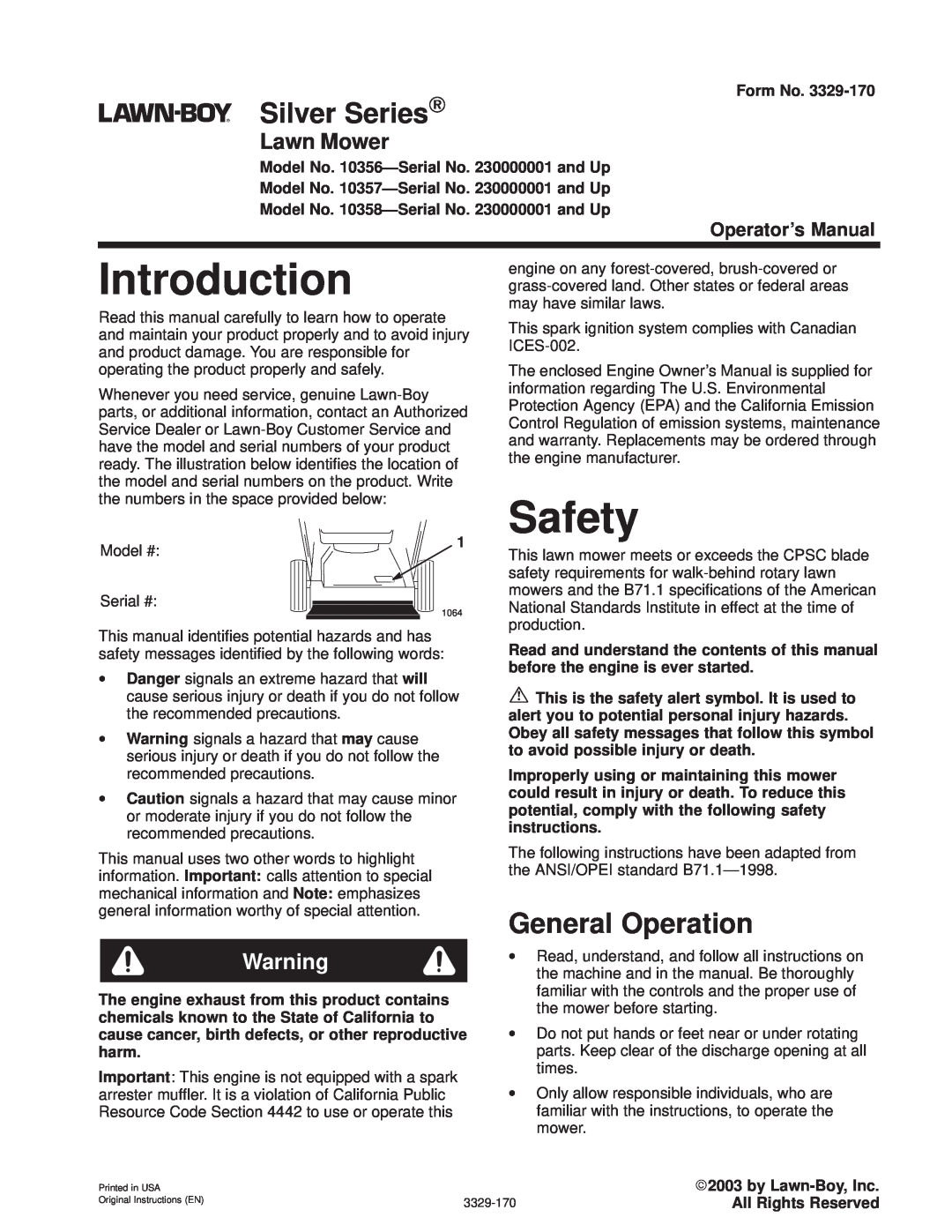 Lawn-Boy 10356, 10357, 10358 manual Introduction, Safety, Silver Series, General Operation, Lawn Mower, Operators Manual 