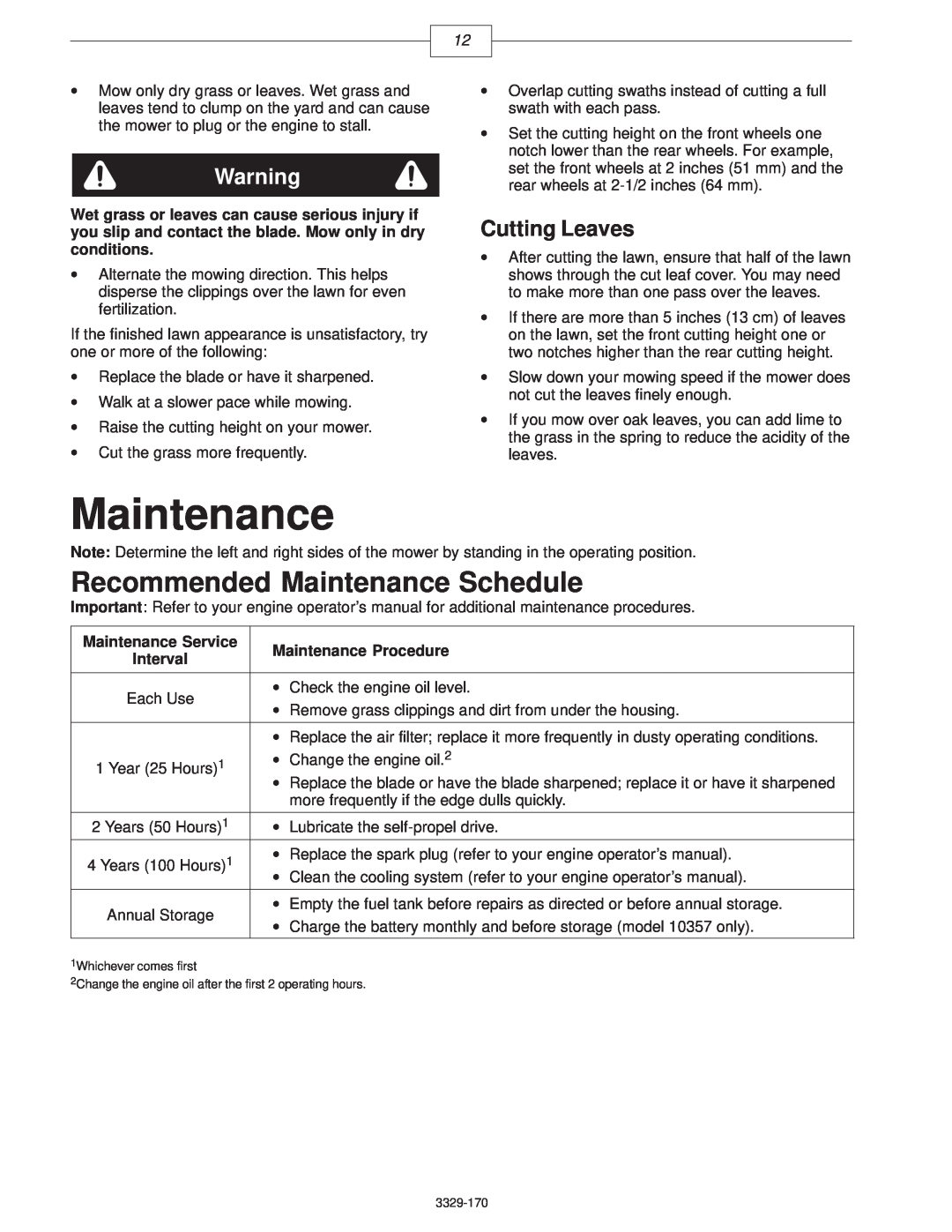 Lawn-Boy 10356, 10357, 10358 manual Recommended Maintenance Schedule, Cutting Leaves, Maintenance Service 