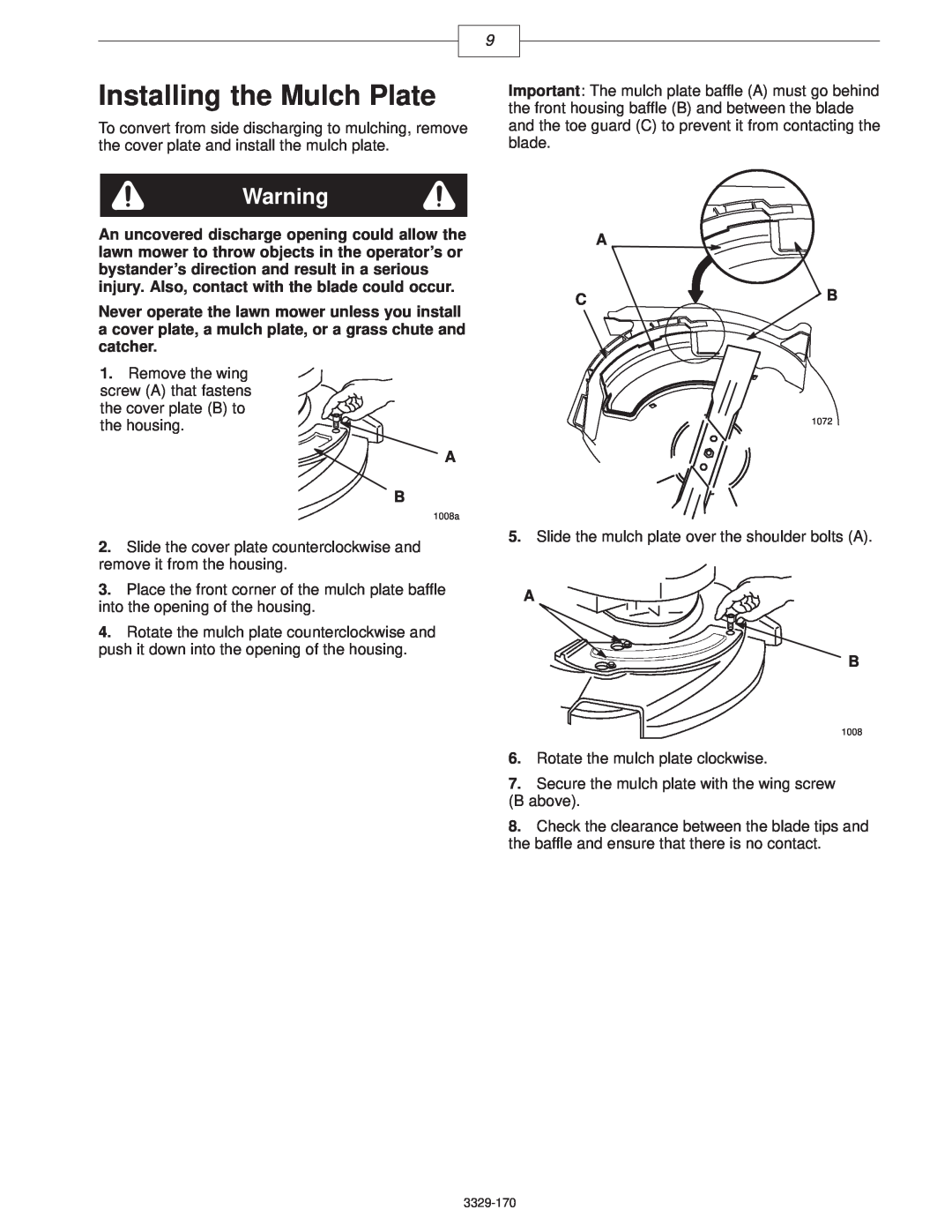 Lawn-Boy 10356, 10357, 10358 manual Installing the Mulch Plate, A C B 