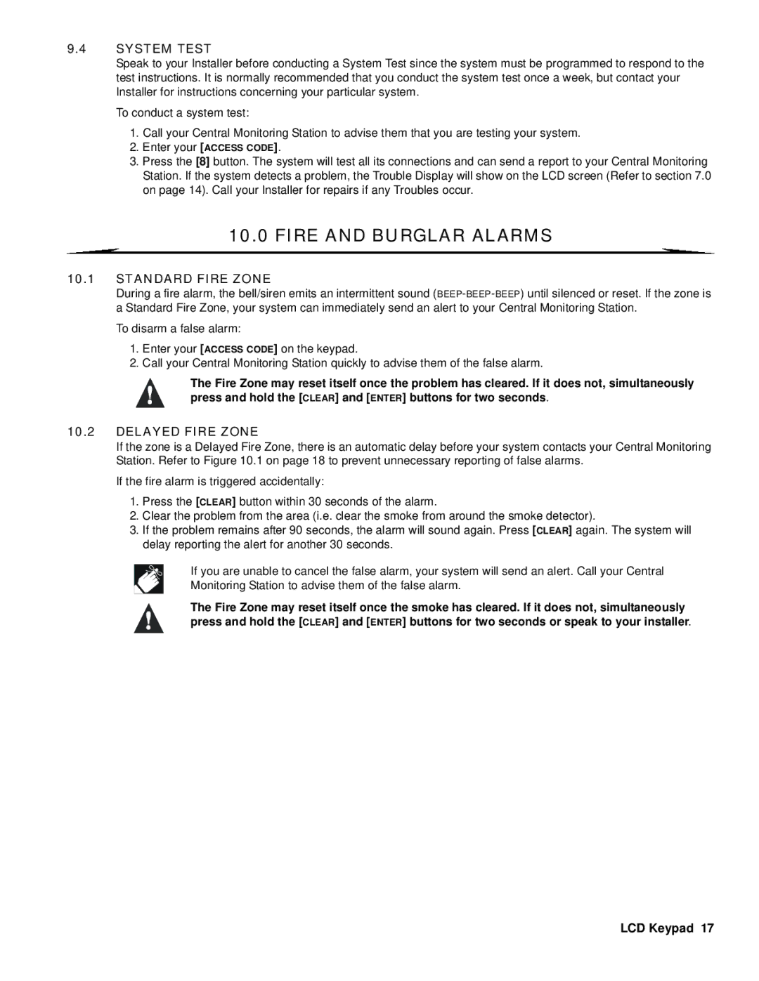 LCD Digital DGP2-641 operating instructions Fire and Burglar Alarms, System Test, Standard Fire Zone, Delayed Fire Zone 