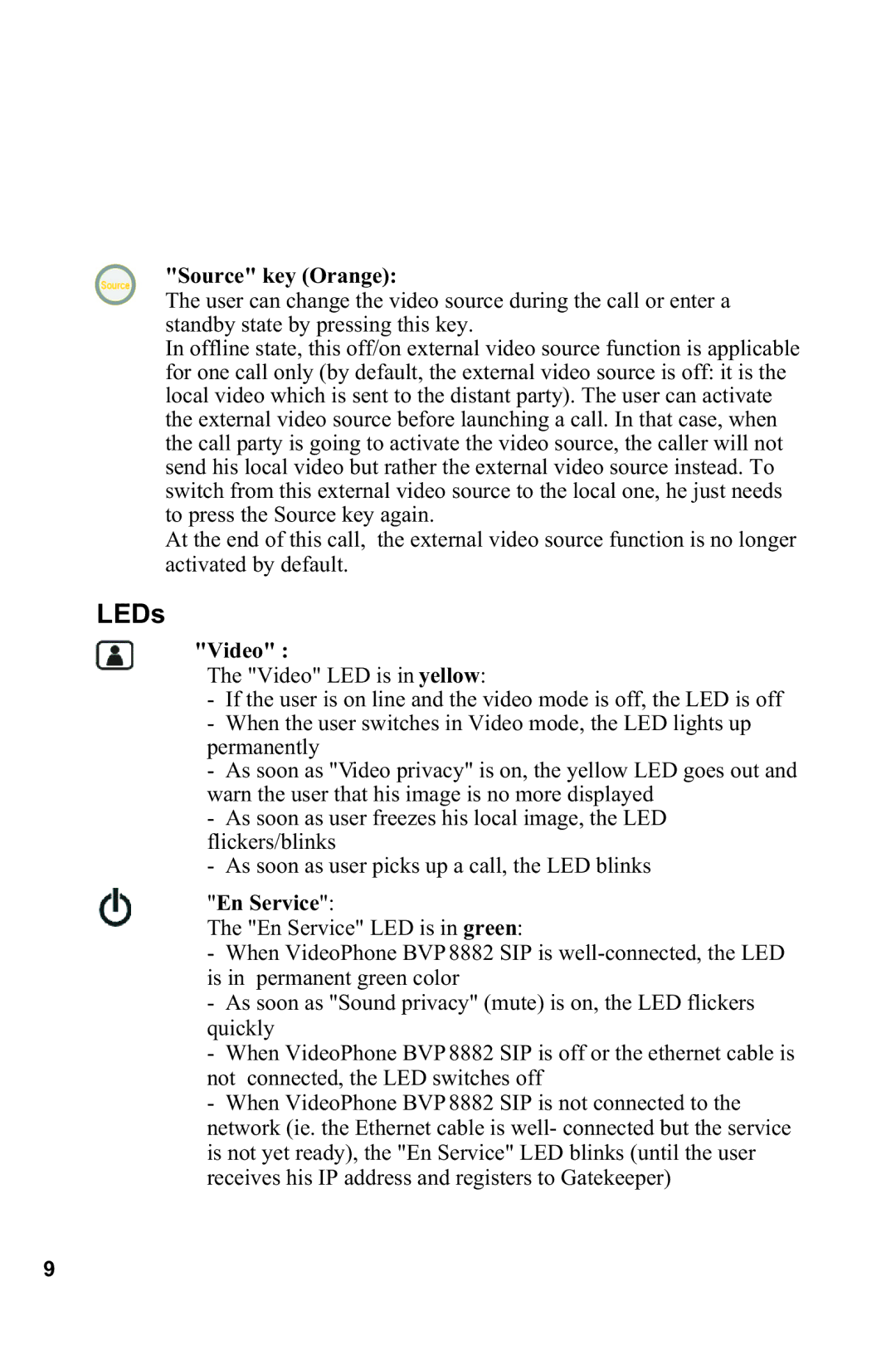 Lead Data BVP 8882 SIP manual Source key Orange, Video, En Service 