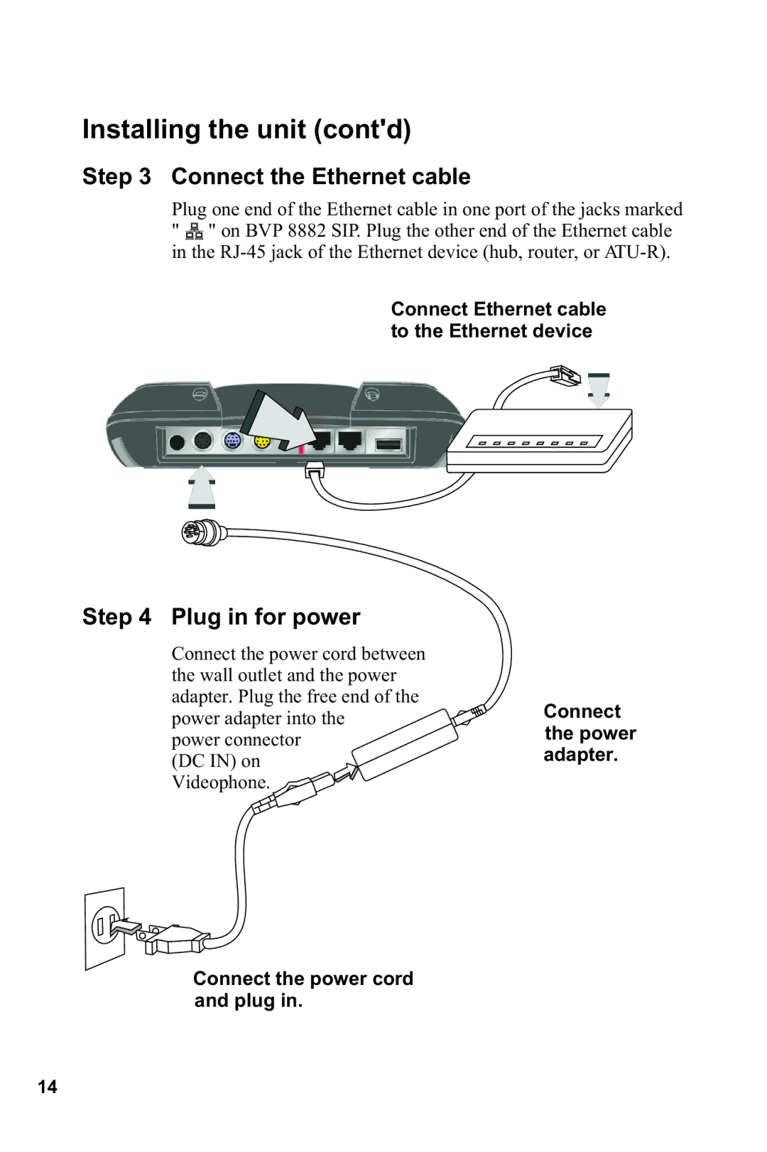 Lead Data BVP 8882 SIP manual Installing the unit contd, Connect the Ethernet cable 