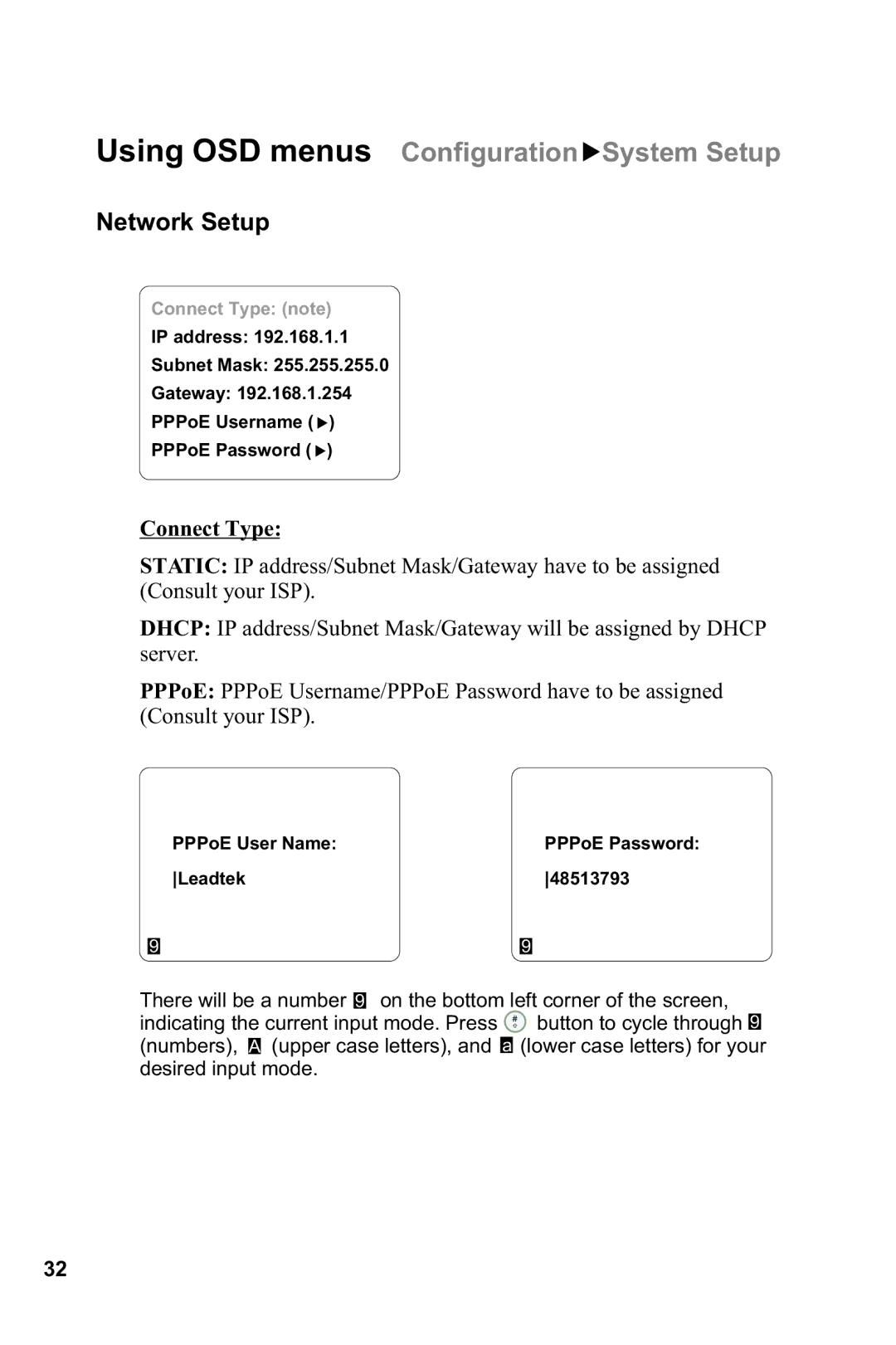 Lead Data BVP 8882 SIP manual Using OSD menus Configuration System Setup, Network Setup, Connect Type 