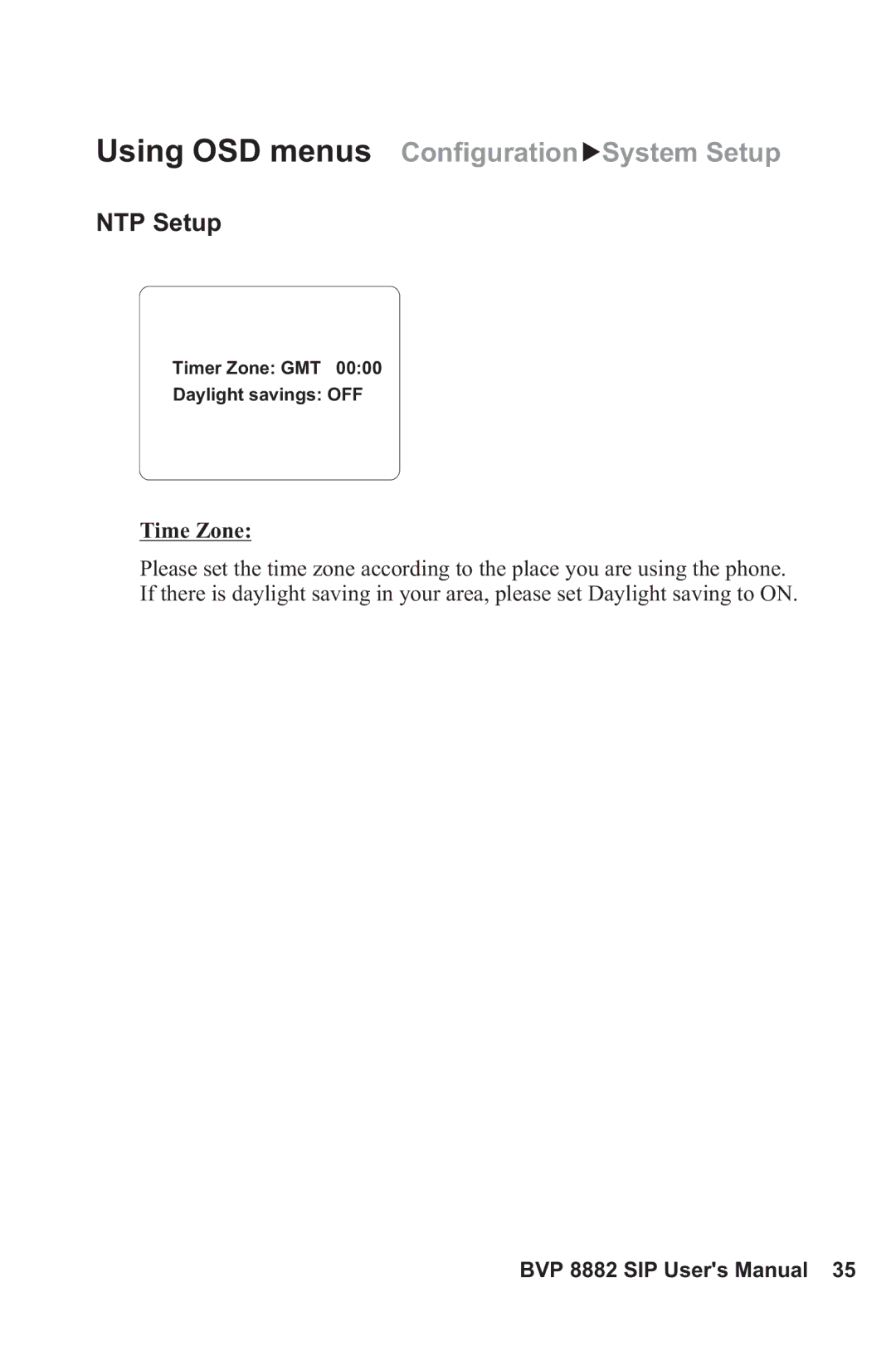 Lead Data BVP 8882 SIP manual NTP Setup, Time Zone 